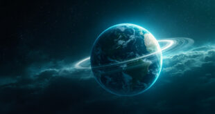 Earth globe spinning rapidly in dark space, with atomic clock mechanism floating nearby against backdrop of distant stars