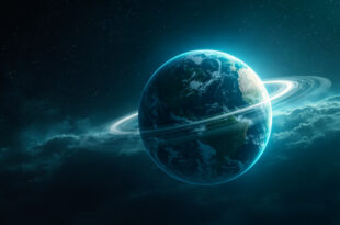 Earth globe spinning rapidly in dark space, with atomic clock mechanism floating nearby against backdrop of distant stars
