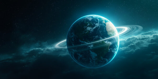 Earth globe spinning rapidly in dark space, with atomic clock mechanism floating nearby against backdrop of distant stars