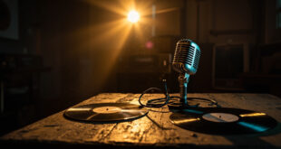 Vintage microphone surrounded by vinyl records and family memorabilia in dimly lit recording studio corner.