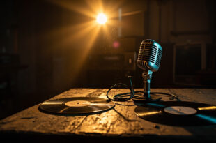 Vintage microphone surrounded by vinyl records and family memorabilia in dimly lit recording studio corner.