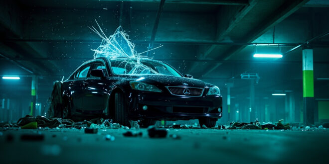 Abandoned car with broken window and scattered tech devices including a USB drive in an empty underground parking garage.