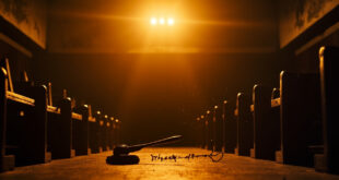 Empty courtroom with judge's gavel and abandoned director's chair at dusk in derelict film studio, symbolizing fallen celebrity