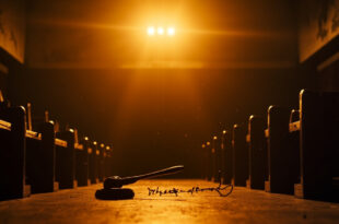 Empty courtroom with judge's gavel and abandoned director's chair at dusk in derelict film studio, symbolizing fallen celebrity
