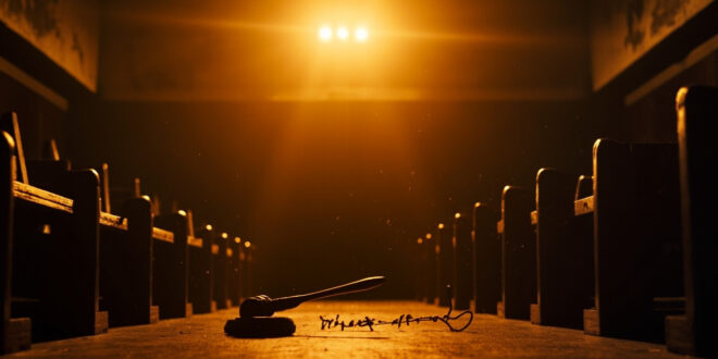 Empty courtroom with judge's gavel and abandoned director's chair at dusk in derelict film studio, symbolizing fallen celebrity
