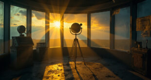 Abandoned weather monitoring equipment in an empty meteorological observatory at dawn, bathed in amber light