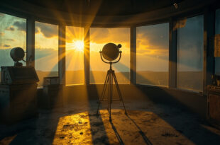 Abandoned weather monitoring equipment in an empty meteorological observatory at dawn, bathed in amber light