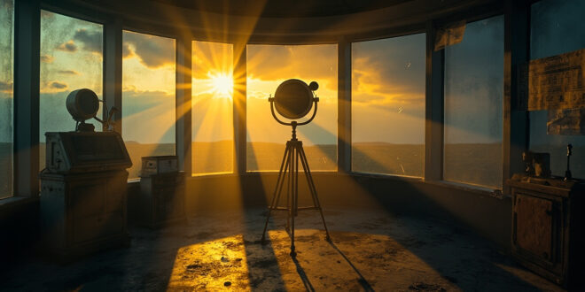 Abandoned weather monitoring equipment in an empty meteorological observatory at dawn, bathed in amber light