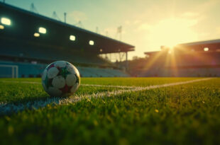 Abandoned football on empty training pitch at dusk, with goal posts silhouetted against twilight sky