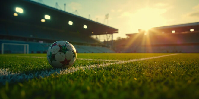 Abandoned football on empty training pitch at dusk, with goal posts silhouetted against twilight sky