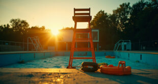 Abandoned lifeguard station with orange safety equipment overlooking empty blue pool at dusk, highlighting public safety concerns.