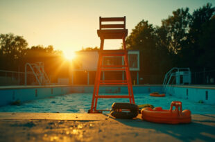 Abandoned lifeguard station with orange safety equipment overlooking empty blue pool at dusk, highlighting public safety concerns.