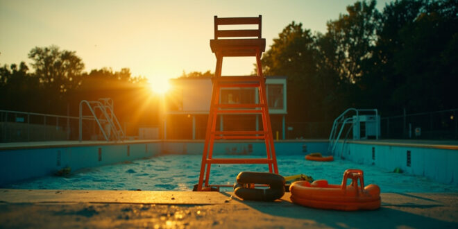 Abandoned lifeguard station with orange safety equipment overlooking empty blue pool at dusk, highlighting public safety concerns.