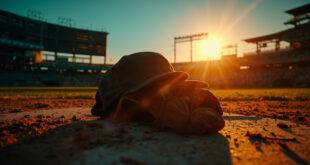 Empty baseball glove and cap rest on dugout bench at deserted Wrigley Field during sunset, honoring a baseball legend