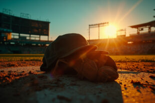 Empty baseball glove and cap rest on dugout bench at deserted Wrigley Field during sunset, honoring a baseball legend