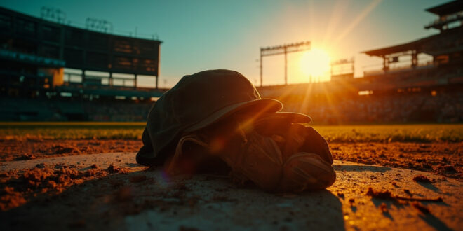 Empty baseball glove and cap rest on dugout bench at deserted Wrigley Field during sunset, honoring a baseball legend