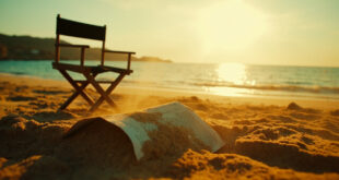 Empty director's chair beside abandoned film script on deserted Mediterranean beach at dawn, golden sand meeting deep blue sea