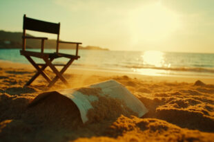 Empty director's chair beside abandoned film script on deserted Mediterranean beach at dawn, golden sand meeting deep blue sea