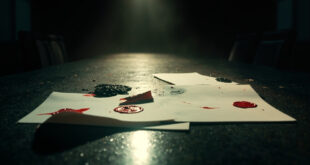 Official coalition documents with red and black seals abandoned on an empty conference table in a deserted government room