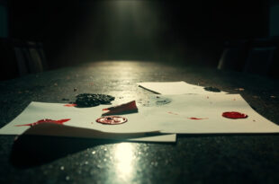 Official coalition documents with red and black seals abandoned on an empty conference table in a deserted government room