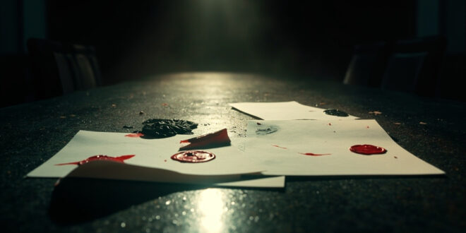 Official coalition documents with red and black seals abandoned on an empty conference table in a deserted government room