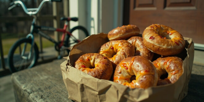 Golden brown jalapeño cheddar bagels arranged in paper delivery bag next to BMX bicycle on residential driveway