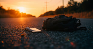 Abandoned mobile phone and backpack lying on gray asphalt of empty Florida roadside illuminated by orange dawn light