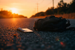 Abandoned mobile phone and backpack lying on gray asphalt of empty Florida roadside illuminated by orange dawn light