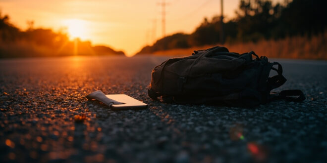 Abandoned mobile phone and backpack lying on gray asphalt of empty Florida roadside illuminated by orange dawn light