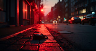 Abandoned handbag and scattered personal belongings on a deserted Hamburg sidewalk at dusk, evidence of street crime