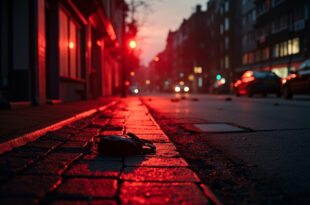 Abandoned handbag and scattered personal belongings on a deserted Hamburg sidewalk at dusk, evidence of street crime