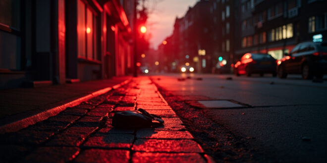 Abandoned handbag and scattered personal belongings on a deserted Hamburg sidewalk at dusk, evidence of street crime