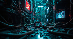 Broken chain link amid scattered puzzle pieces in dark server room with glowing screens