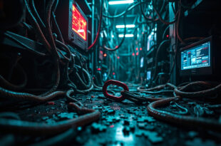 Broken chain link amid scattered puzzle pieces in dark server room with glowing screens