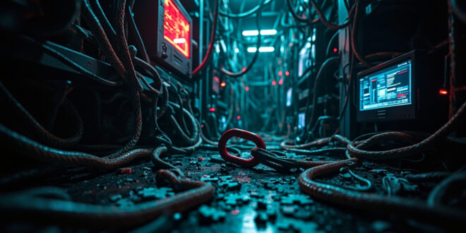 Broken chain link amid scattered puzzle pieces in dark server room with glowing screens