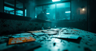 Abandoned payment cards scattered across empty exchange counter in deserted urban office with cold blue lighting