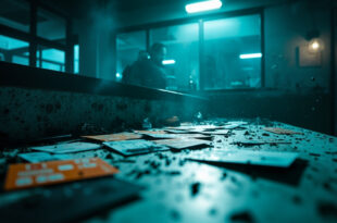 Abandoned payment cards scattered across empty exchange counter in deserted urban office with cold blue lighting