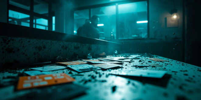 Abandoned payment cards scattered across empty exchange counter in deserted urban office with cold blue lighting