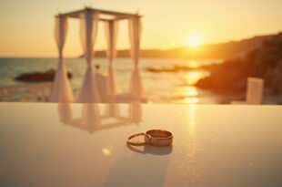 Wedding rings on white marble surface by empty altar along Mediterranean coastline at golden hour sunset
