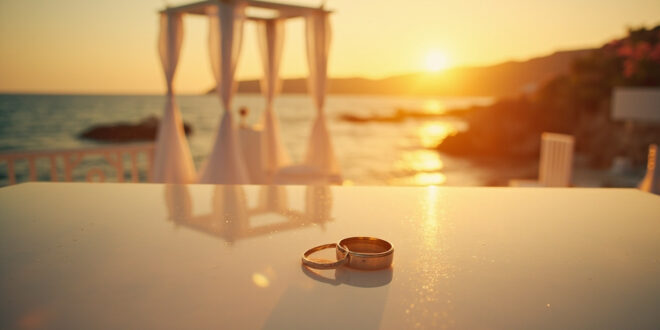 Wedding rings on white marble surface by empty altar along Mediterranean coastline at golden hour sunset