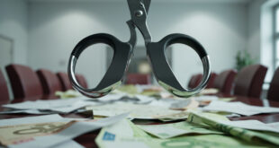 Sharp scissors positioned above scattered budget documents and euro banknotes on polished table surface