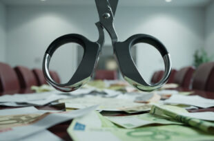 Sharp scissors positioned above scattered budget documents and euro banknotes on polished table surface