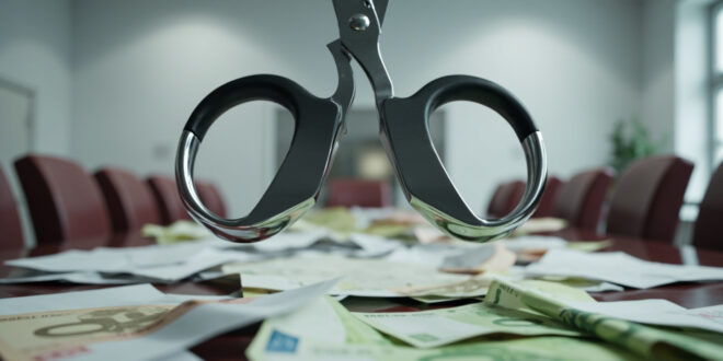 Sharp scissors positioned above scattered budget documents and euro banknotes on polished table surface