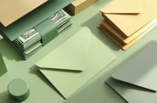 Organized budget envelopes with cash and calculator on clean desk surface