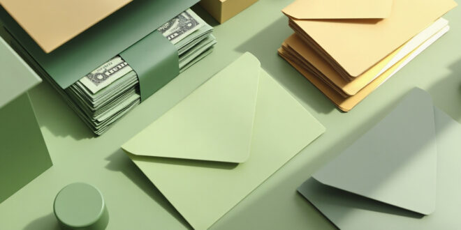 Organized budget envelopes with cash and calculator on clean desk surface
