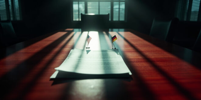 Official human rights report documents with American and German flag pins cast shadows on empty diplomatic table