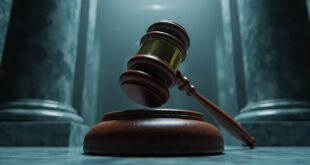Wooden judge's gavel resting on sound block in formal courthouse setting with marble columns