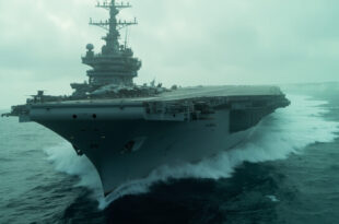 Large military aircraft carrier sailing through dark ocean waters with fighter jets visible on flight deck