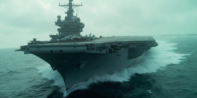 Large military aircraft carrier sailing through dark ocean waters with fighter jets visible on flight deck