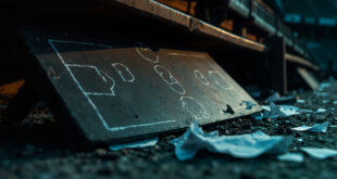 Overturned tactical board and scattered papers in empty football dugout area